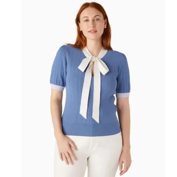 kate spade Colorblock Bow-neck Sweater top blouse blue white size small nwt - Picture 3 of 4
